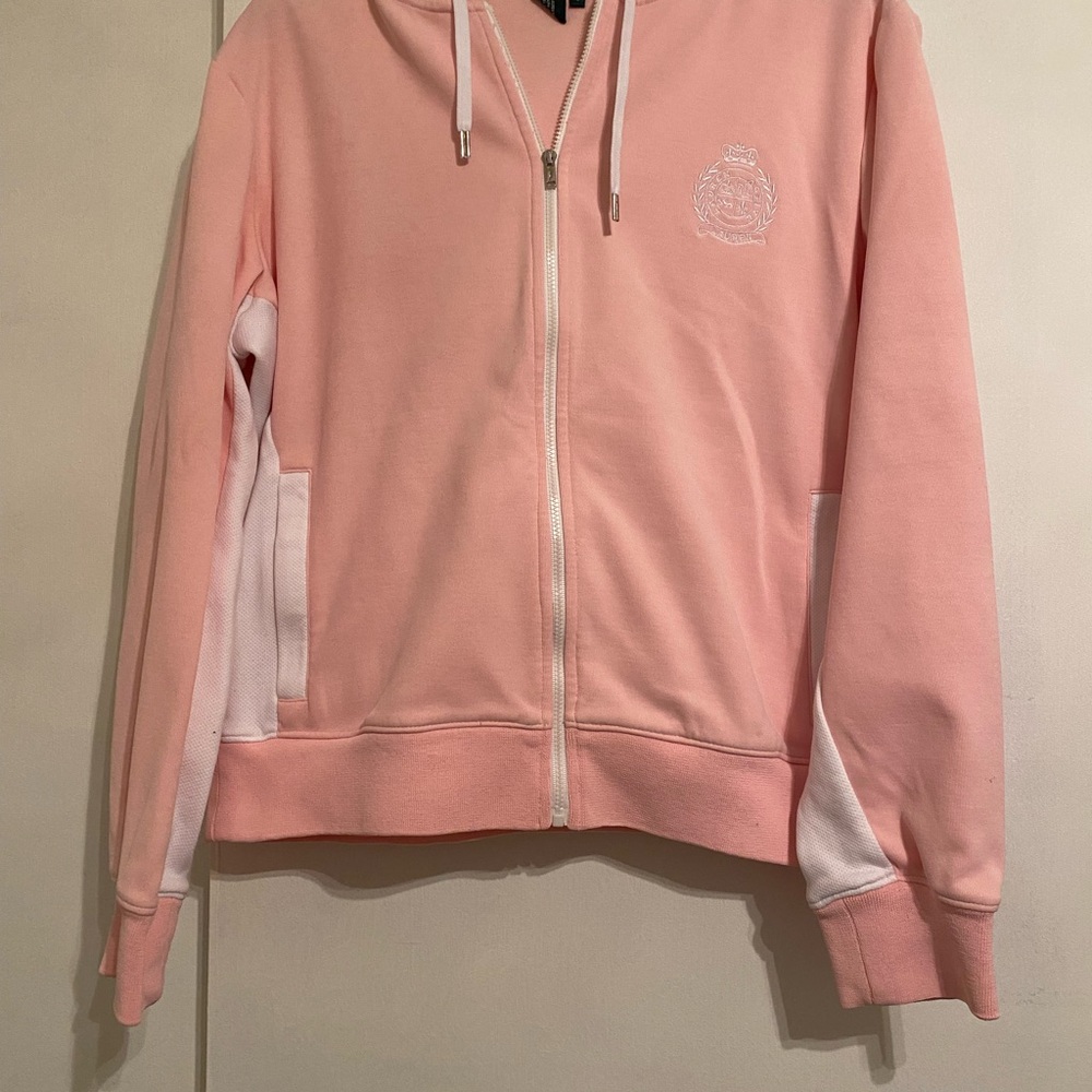 Ralph Lauren Light Pink  and White Zip-Up Hoodie, Logo on Chest, Long Sleeve (L) - Picture 3 of 6